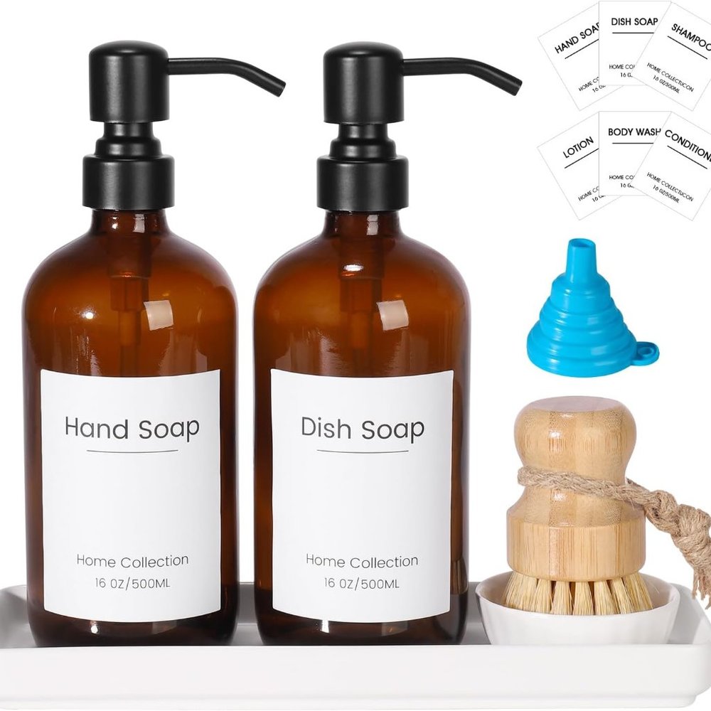 ❌SOLD❌ 2pcs Hand+Dish Soap Bottle Set w/ 6 Waterproof Labels & Tray - Amber